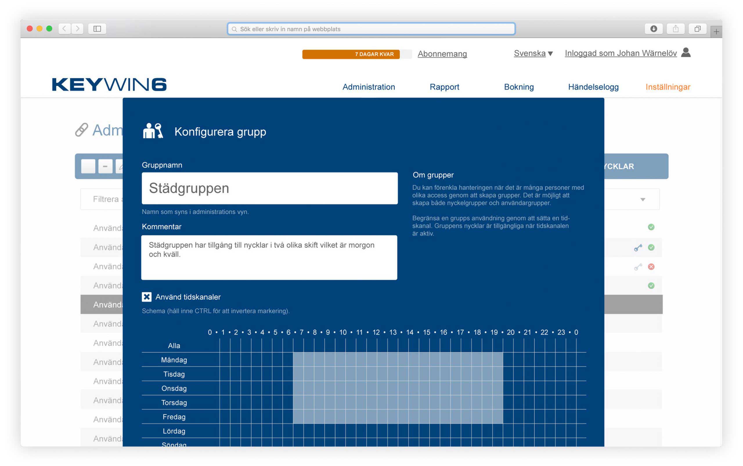 User group and time channels in the KeyWin key management software