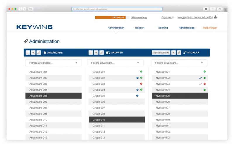 Vista de administración de usuarios, grupos y llaves en el software de gestión de llaves KeyWin