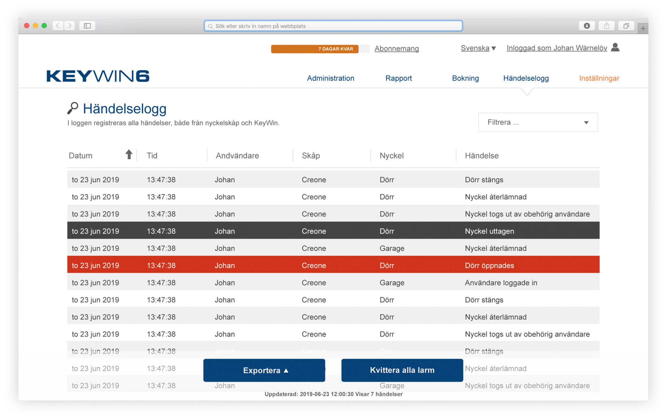 Alarm examples in the KeyWin key management software