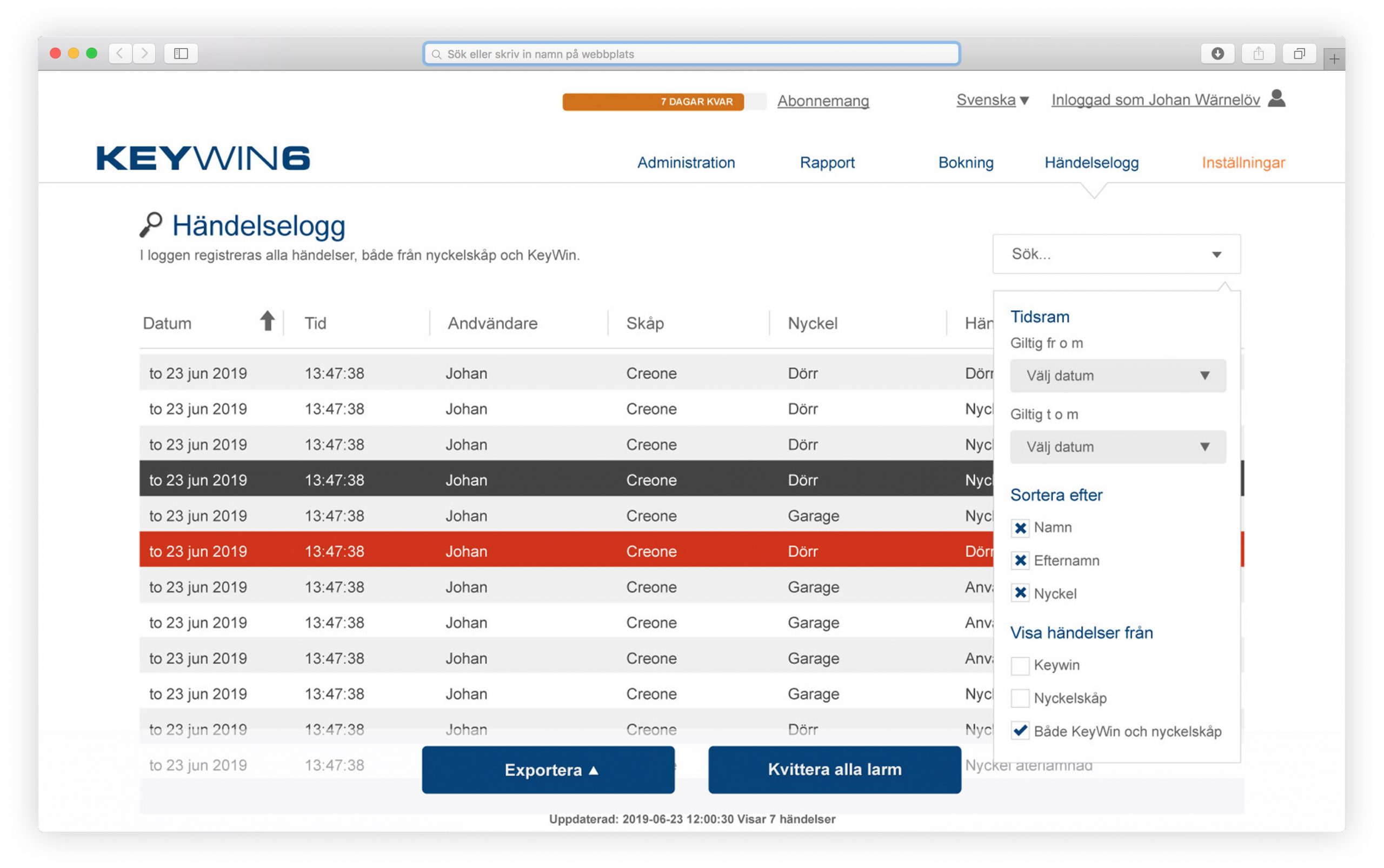 Sort and search in the KeyWin key management software