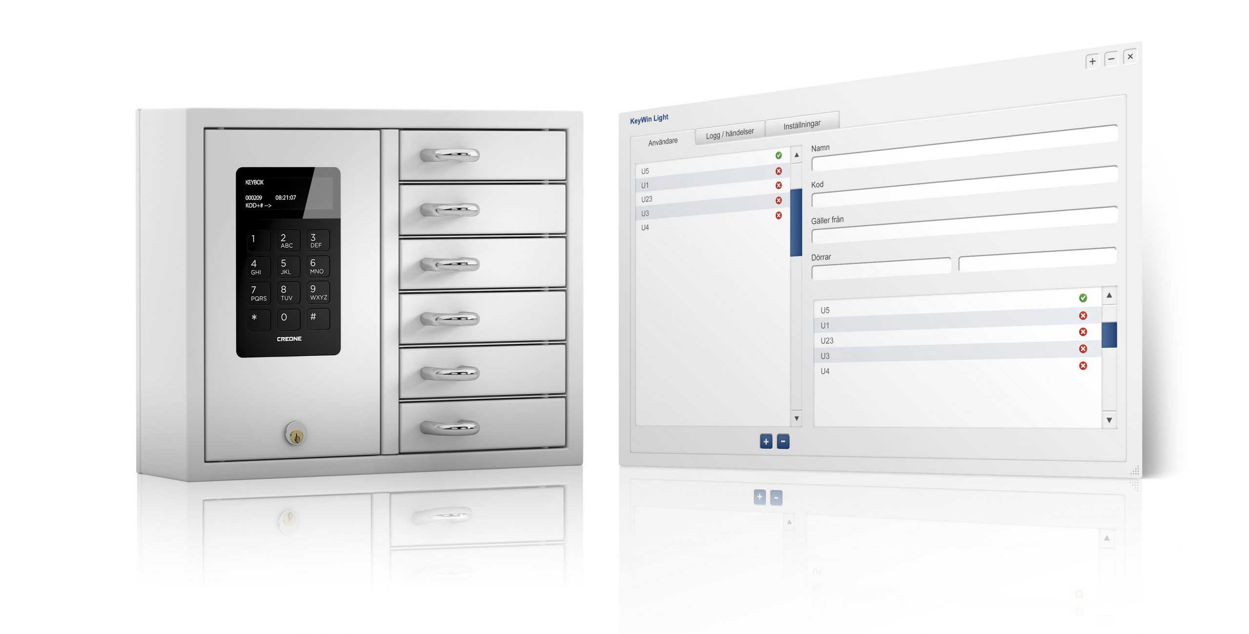 KeyBox Schlüsselschrank mit Programmansicht der Schlüsselverwaltungssoftware KeyWin Light