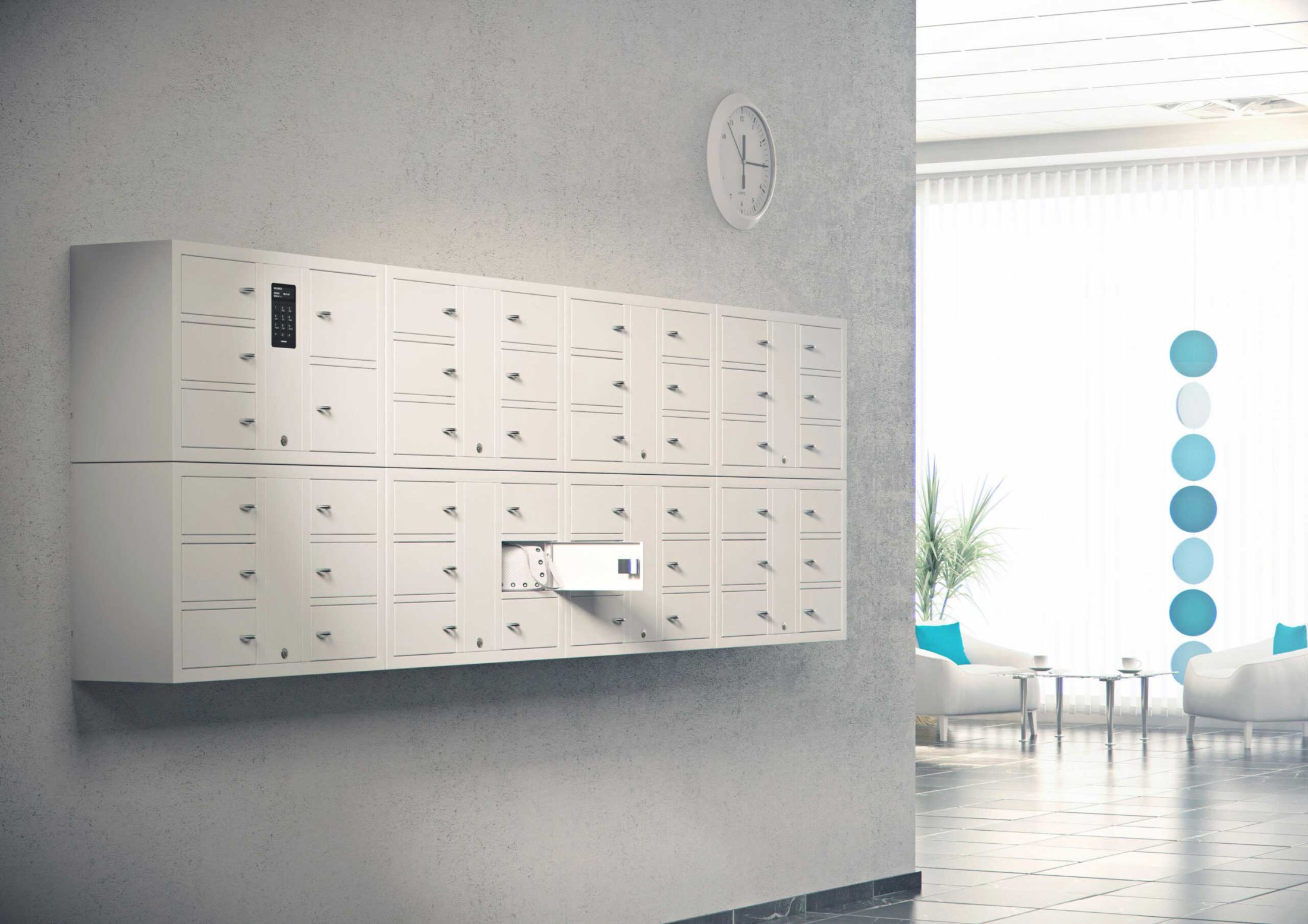 Valuables cabinet 7004 S in the System series with seven of the 7006 S in the Expansion series. Mounted on a wall with one compartment open containing a bag in a lounge.