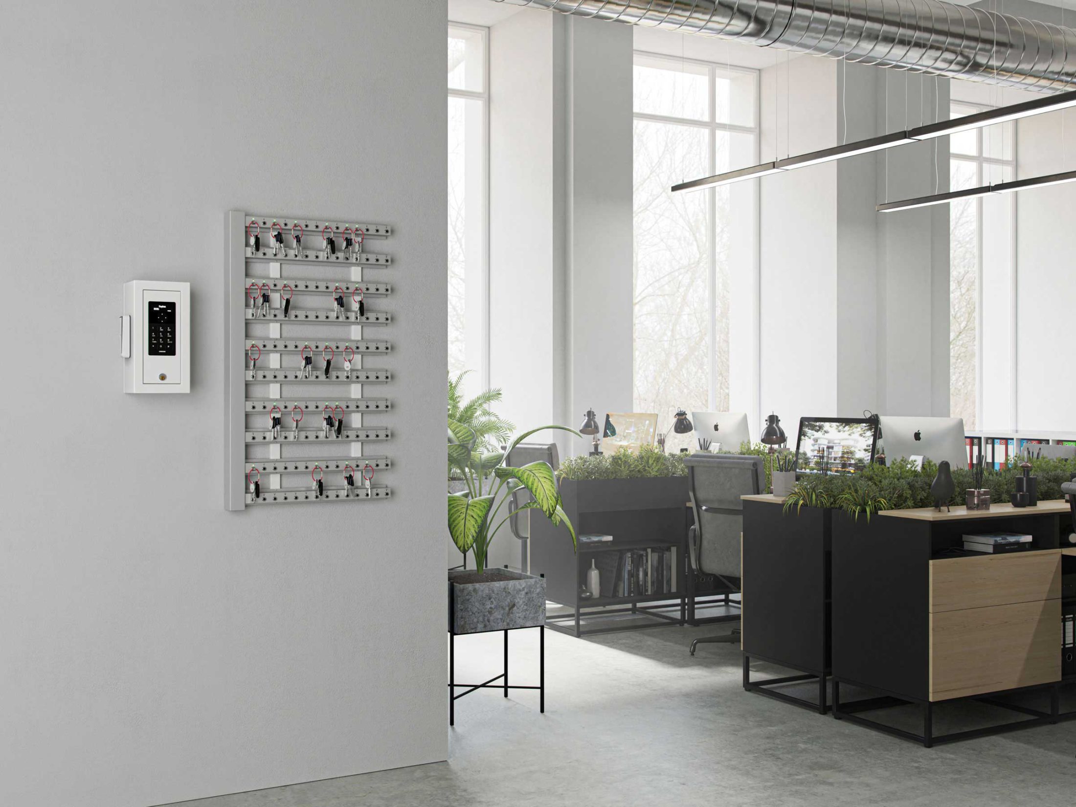 10 intelligent key strips with control box mounted on the wall and key cabinet for a unique key management.